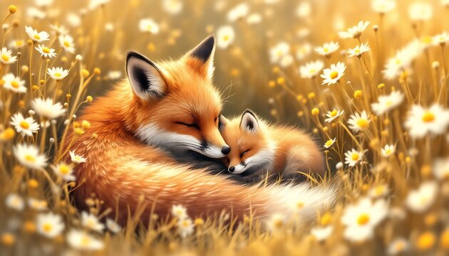 Adorable Fox Kit and Mother Sleeping in Daisy Field