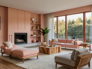 Fototapeta premium Modern Living Room Design With Pink Sofa And Chaise Lounge