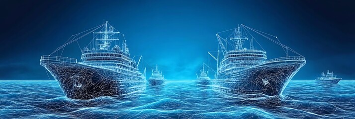 Fototapeta premium Wireframe illustration of maritime vessels on a digital ocean background. symbolizing advanced maritime technology