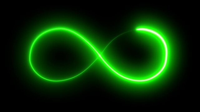 Glowing infinity sign green neon line on black background.