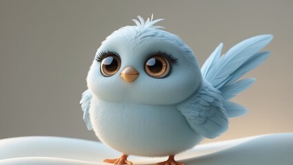 a cute fluffy bird with big eyes stands on a light surface.