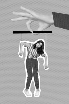 Creative photo collage of young woman hanging silhouette authority manipulation abuse marionette powerless doll isolated on beige background