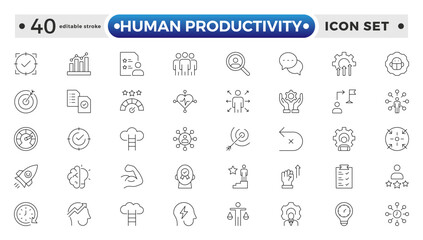 Human Productivity outline icon set productivity and efficiency. Linear business and leader symbols efficiency, task, focus, multitasking, workflow, growth, and routine. Editable stroke outline icon.