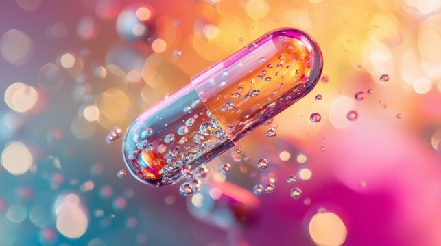 Vibrant Capsule Surrounded by Bubbles in Colorful Background