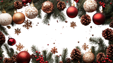 Festive Holiday Border: A delightful arrangement of Christmas ornaments, pine cones, and evergreen boughs forms a beautiful border, ideal for seasonal greetings and holiday designs.