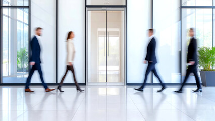 Fototapeta premium Blurred motion of professionals walking through a bright, modern office corridor