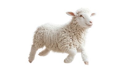 Fototapeta premium Playful Lamb in Motion: A fluffy, young lamb skips joyfully, showcasing its energy and innocence.