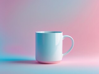 A white mug sits on a pink and blue background.