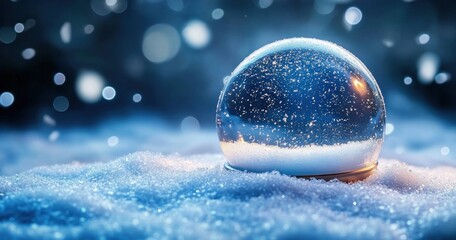 Christmas Snow Globe with Magical Snow and Blue Light in Winter Night