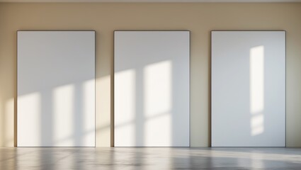 Obraz premium Three blank posters on a modern indoor wall with a concrete floor.