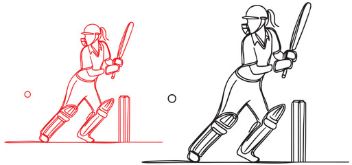 One single line drawing of young  woman cricket player standing and hit the ball so hard vector