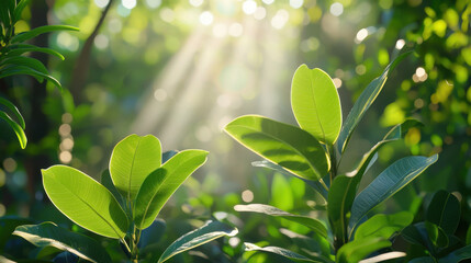 Obraz premium Lush green forest with sunlight filtering through leaves, creating serene atmosphere. vibrant foliage enhances beauty of nature