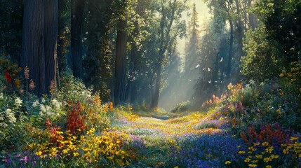 Serene Forest Meadow with Vibrant Wildflowers and Gentle Light