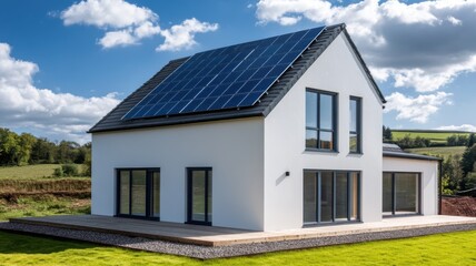 A modern, eco-friendly house featuring solar panels, large windows, and a scenic landscape backdrop with green fields and blue skies.