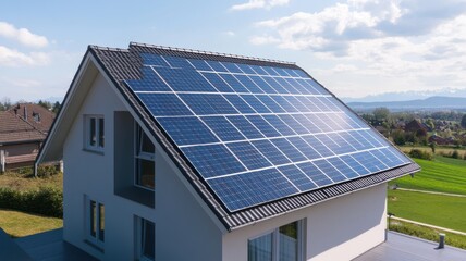 A modern house featuring a solar panel system on the roof, set against a backdrop of clear skies and green fields.