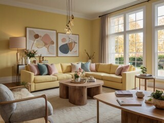 Yellow Sectional Sofa Living Room Decor Abstract Art