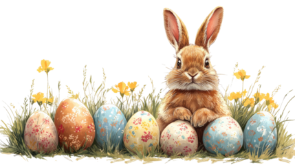 Easter Bunny and Eggs: A charming illustration of an Easter bunny nestled among beautifully decorated Easter eggs in a grassy field, evoking a sense of springtime joy and celebration.