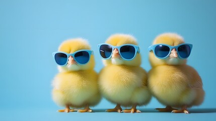three yellow chicks with blue sunglasses bang, studio blue background. easter concept