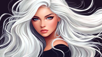 Elegance In White Hair. Portrait Of A Beautiful Woman With Stunning Flowing White Hair And Captivating Blue Eyes.