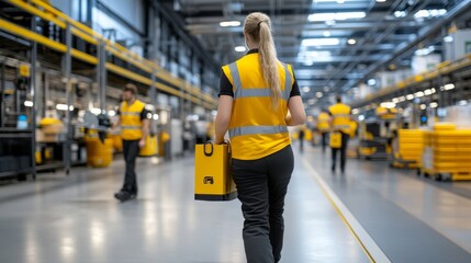 Female worker walking in industrial warehouse carrying toolbox, wearing safety vest, surrounded by colleagues and organized storage areas, bright environment