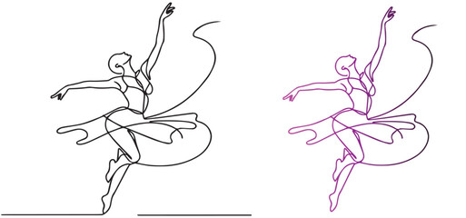 Dancing girl in continuous line art drawing style. Dancer black line sketch on white background. Vector