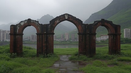 Ruined Archway Frames Misty Mountains and Cityscape