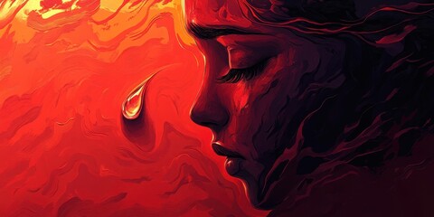 Fototapeta premium Artistic rendering of a woman with tear in fiery hues