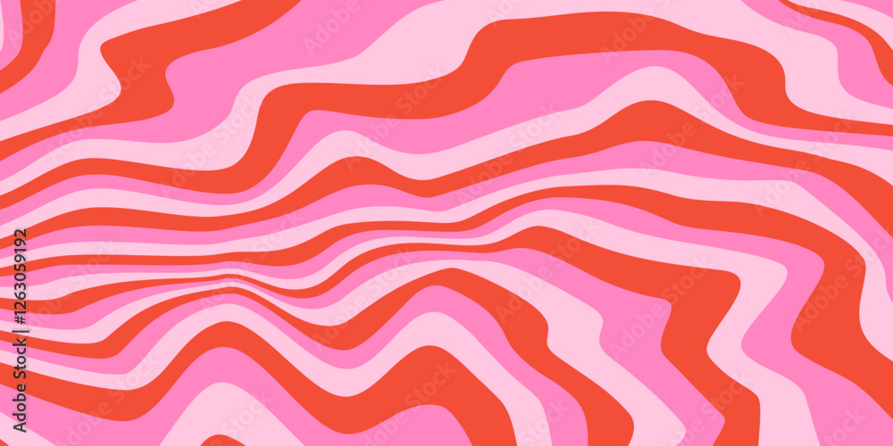 Poster Abstract horizontal background with dynamic waves. Trendy vector illustration in style retro 60s, 70s. Pink and red colors