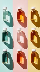 Fototapeta premium Colorful Bottles of Liquid Arranged on Vibrant Backgrounds