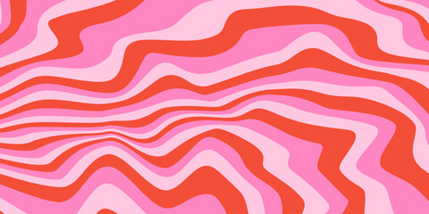 Abstract horizontal background with dynamic waves. Trendy vector illustration in style retro 60s, 70s. Pink and red colors