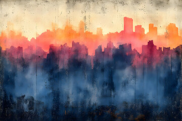 Abstract City Skyline At Sunrise Sunset Painting