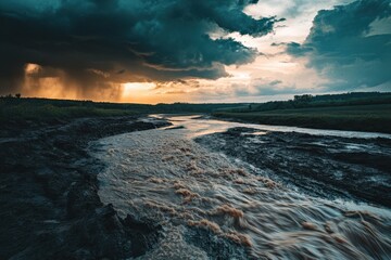 Dramatic Landscape River in Flood Under Stormy Sky at Sunset