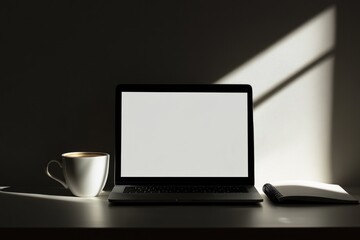 Fototapeta premium Modern Workspace with Laptop Mockup, Coffee, and Sunlight - Minimalist Home Office Design.
