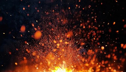 Fototapeta premium fiery explosion with glowing embers and sparks flying in the dark, intense burning fire with orange hot particles background