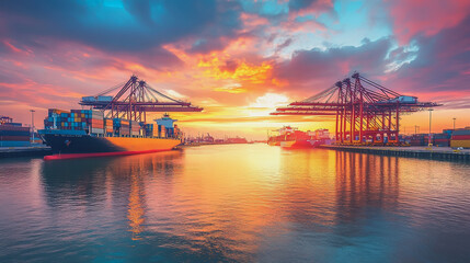 Obraz premium Container truck in ship port for business Logistics and transportation of Container Cargo ship and Cargo plane with working crane bridge in shipyard at sunrise, logistic import export and transport