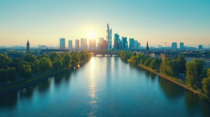 Naklejka premium Frankfurt Skyline Sunrise River Cityscape View