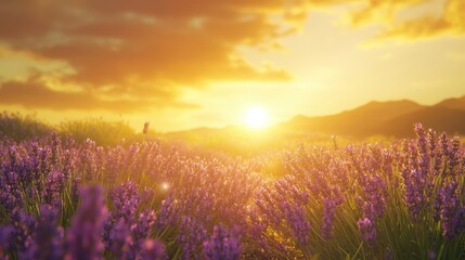 Obraz premium Golden Sunset Over Lavender Field in Provence Aromatic Bloom and Serene Landscape