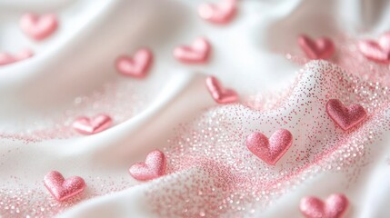 A romantic background with pink glittery hearts scattered over a white fabric, creating a sparkling and festive atmosphere for Valentine's Day.