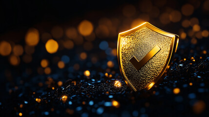 golden shield with checkmark icon symbolizes security and trust, set against blurred background of glowing lights. This conveys sense of protection and assurance