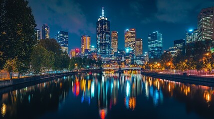 Obraz premium Nighttime Cityscape of Melbourne with River Reflections and Lights