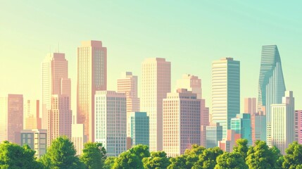 Obraz premium Vibrant Urban Skyline Over Tree-Lined Park at Sunset Dusk