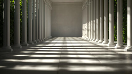 serene corridor with white columns and sunlight casting shadows, surrounded by greenery, creating peaceful atmosphere