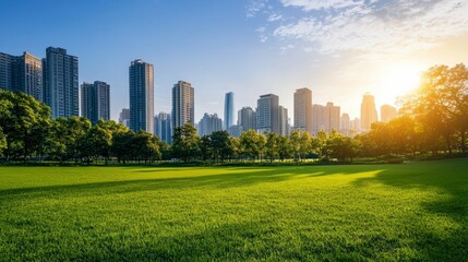 Obraz premium Urban Landscape with Green Park and Tall Buildings Under Blue Sky