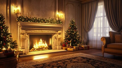 Elegant Christmas Living Room with Fireplace, Decorated Tree, and Ornate D�cor.
