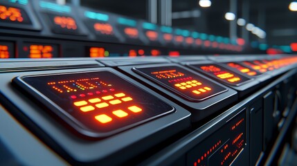 Obraz premium A close-up view of illuminated control panels featuring buttons and displays, set in a high-tech industrial environment.