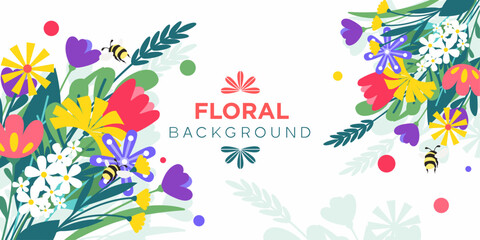 Background frame with blooming meadow, garden flowers and bumblebees in vector, flat style.