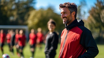 A coach is actively guiding a sports team on a green field under clear skies. The atmosphere is vibrant as players learn skills and enhance teamwork during practice.