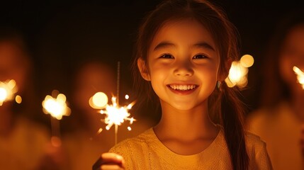 A joyful little girl smiles brightly while holding a sparker, surrounded by a warm atmosphere of celebration and light, embodying innocence and happiness.