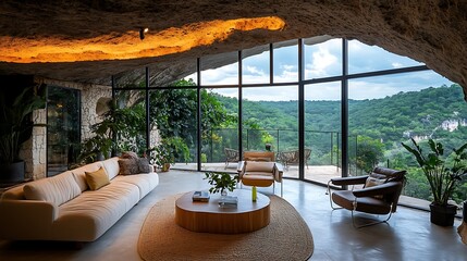 Fototapeta premium Cave Home Living Room: Modern Interior Design in a Natural Setting AI Generated