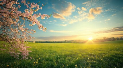 Obraz premium Spring sunset over field, blossoming tree